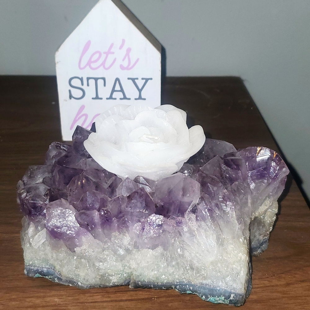 Amethyst Crystal Cluster with White Rose Votive Candle